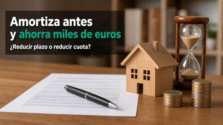 Contrato hipotecario con pluma, reloj de arena y dos pilas de monedas de distinta altura sobre mesa de madera — amortización anticipada de hipoteca reducir plazo o cuota