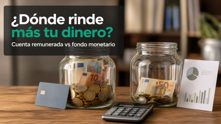 Dos tarros con monedas y calculadora sobre mesa de madera — cuenta remunerada vs fondo monetario comparativa 2026