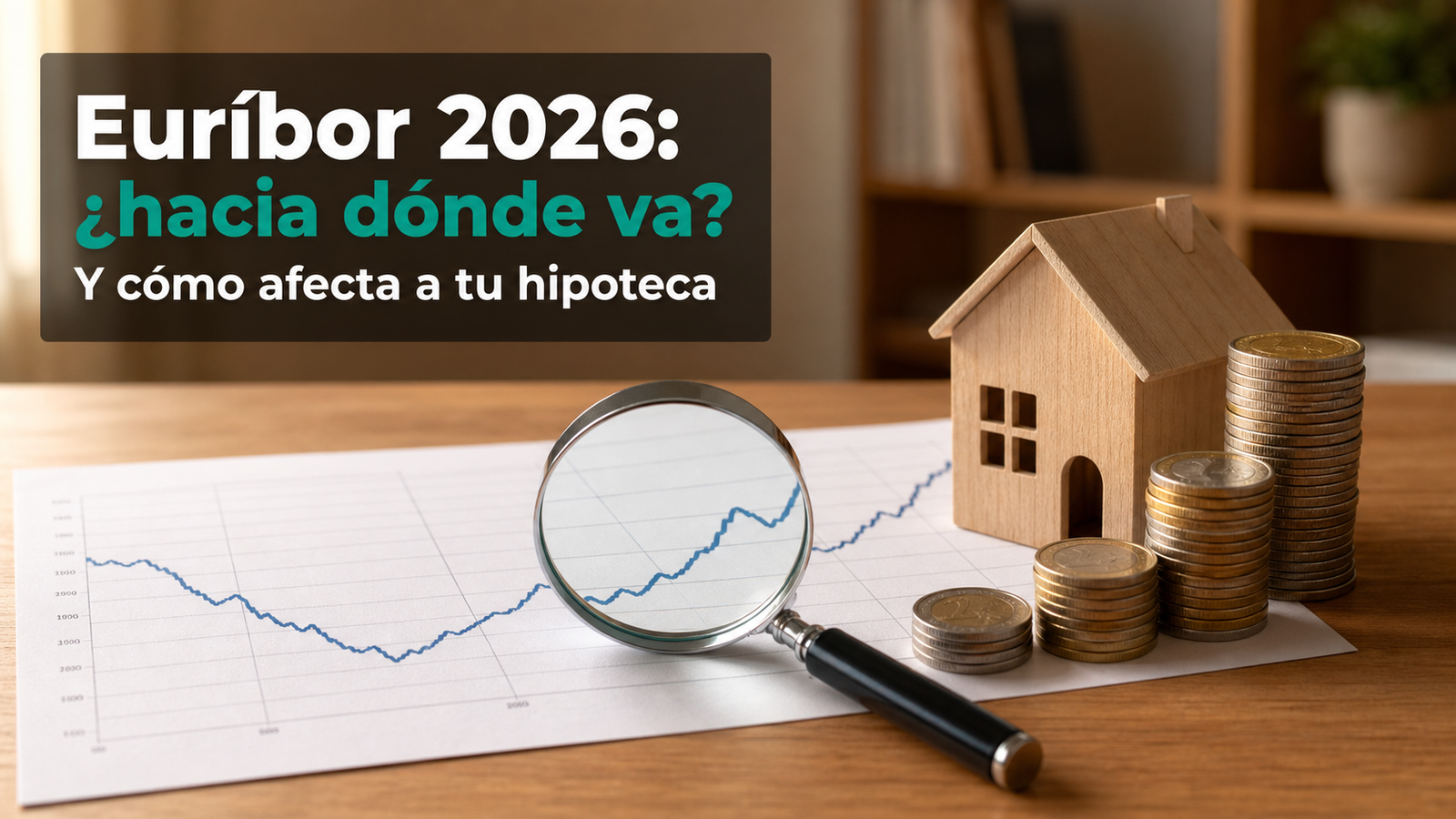 Gráfico impreso de tipos de interés con lupa y monedas de euro apiladas sobre mesa de madera — euríbor 2026 evolución y previsiones