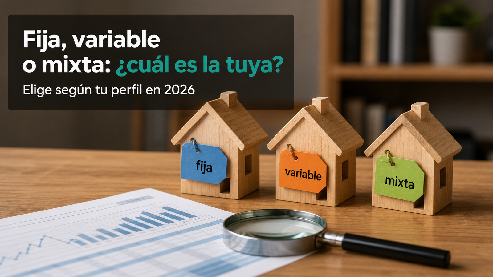 Tres maquetas de casas de madera con etiquetas de colores y lupa sobre gráfico hipotecario — hipoteca fija, variable o mixta en 2026