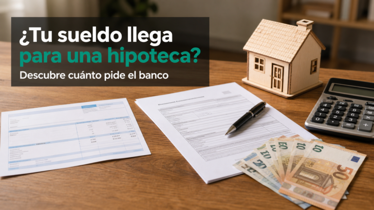 Maqueta de casa de madera junto a nómina y calculadora sobre mesa — cuánto hay que ganar para conseguir una hipoteca en España